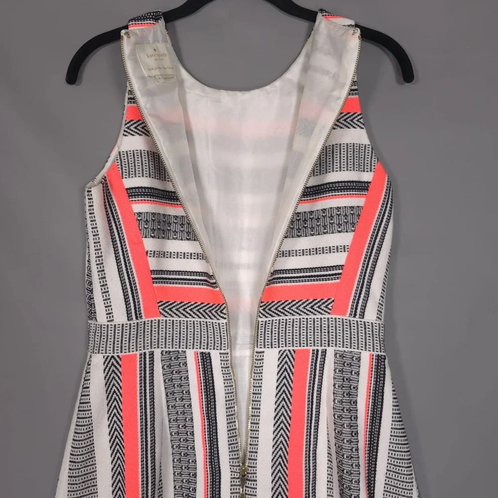 Kate Spade Ribbon Jacquard Sleeveless Dress Size 4 White Black Orange Wrap Flare